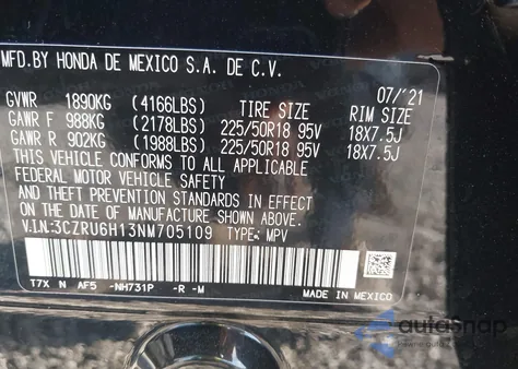 2022 Honda Hr-V Awd Sport из США, поврежденный, VIN 3CZRU6H13NM705109